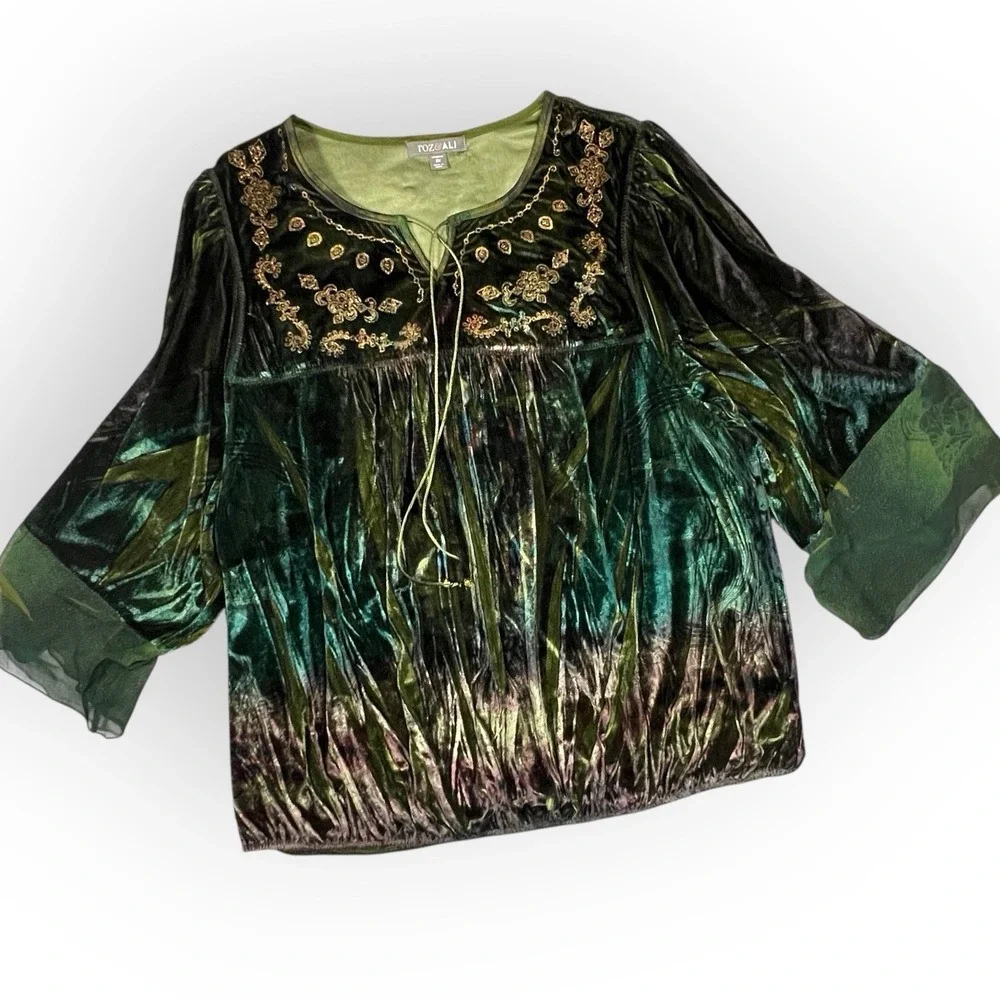 Roz & Ali Iridescent Green Velvet Top Embroidered Dark Fairy Whimsigoth Womens L